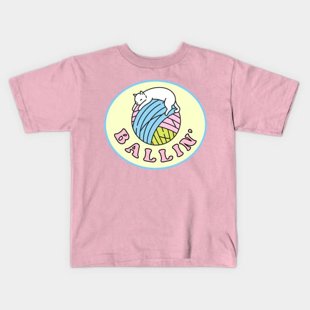 Cute White Kitty Cat Sleeping on A Yarn Ball - Pastel Colors Kids T-Shirt by Flourescent Flamingo